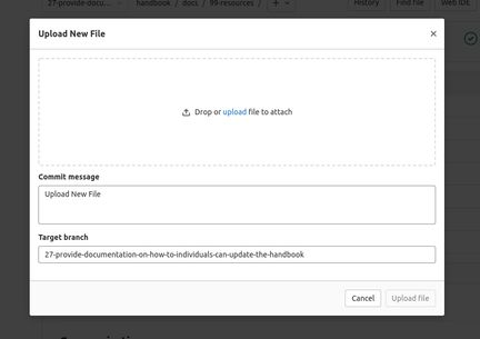 Screenshot showing the upload new file dialogue, with commit message and target branch fields